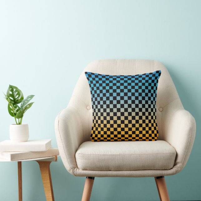 Checkered Blue and Yellow Sunset  Throw Pillow (Chair)