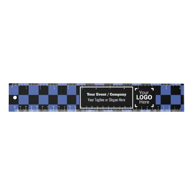Checkered Blue & Black Custom Business Brand Promo Ruler (Front)