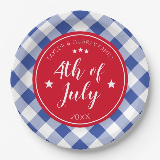 Checkered Blue Gingham 4th of July Family Party Paper Plates (Front)
