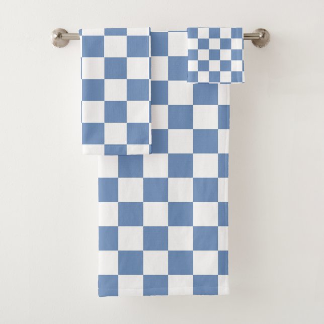 Checkered Blue/Gray and White Bath Towel Set (Insitu)