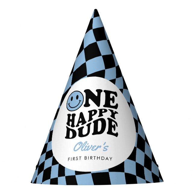 Checkered Blue Happy Smile 1st Birthday Custom Party Hat (Front)