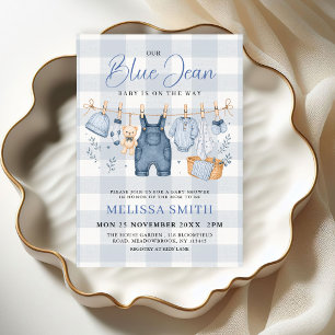 Checkered Blue Jean Baby Gingham Denim Baby Shower Invitation