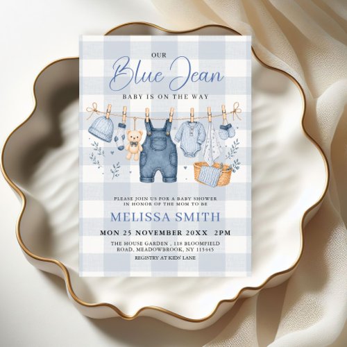Checkered Blue Jean Baby Gingham Denim Baby Shower Invitation