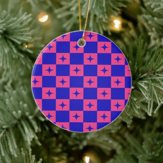 Checkered Blue & Pink Tile With Sparkles Pattern Ceramic Ornament (Tree)