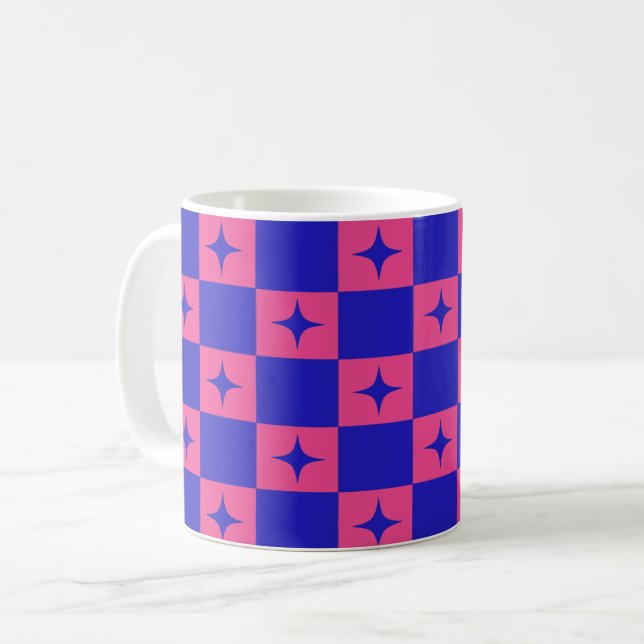 Checkered Blue & Pink Tile With Sparkles Pattern Coffee Mug (Front Left)