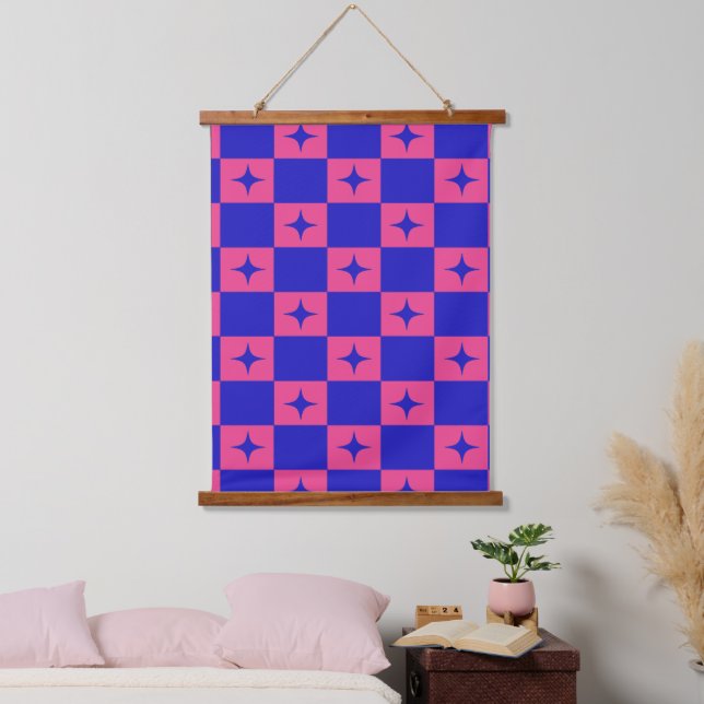 Checkered Blue & Pink Tile With Sparkles Pattern Hanging Tapestry (Bedroom)