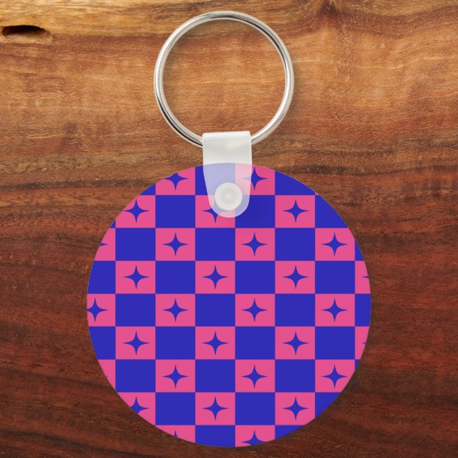 Checkered Blue & Pink Tile With Sparkles Pattern Keychain (Front)
