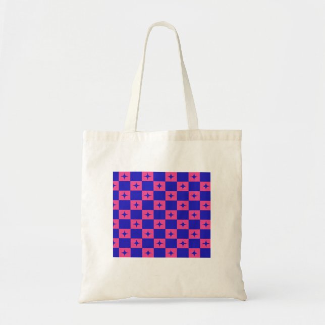 Checkered Blue & Pink Tile With Sparkles Pattern Tote Bag (Front)