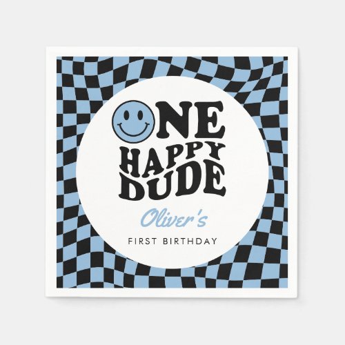 Checkered Blue Preppy Smile 1st Birthday Custom Napkins