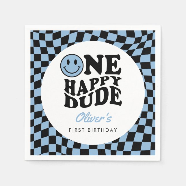 Checkered Blue Preppy Smile 1st Birthday Custom Napkins (Front)