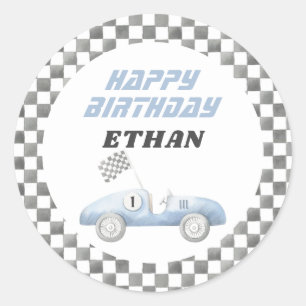 Checkered Blue Race Car Birthday Party Classic Round Sticker