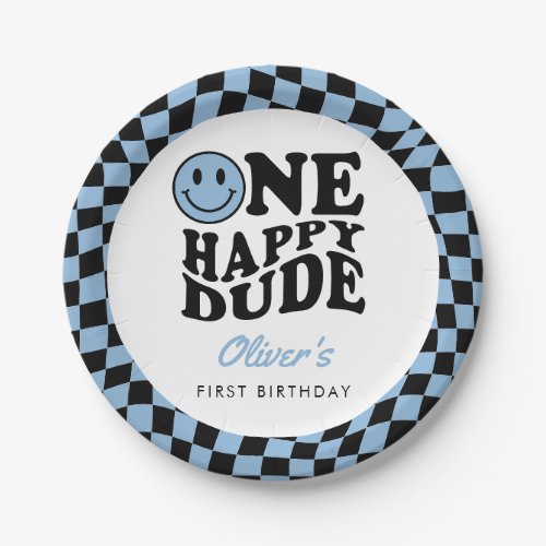 Checkered Blue Smile One Happy Dude 1st Birthday Paper Plates