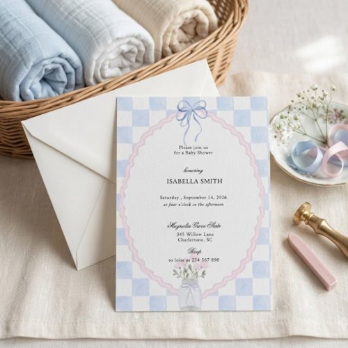 Checkered Bow Coquette Baby Shower Decor Invitation