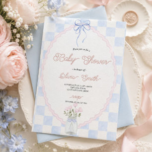 Checkered Bow Coquette Baby Shower Invitation