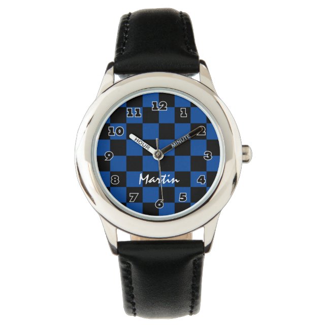 Checkered boy's watch personalized with kids name (Front)