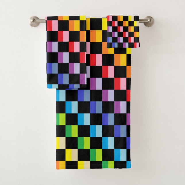 Checkered Broader Spectrum Rainbow Black Bath Towel Set (Insitu)