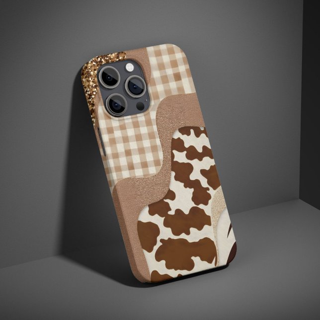 Checkered Brown Wavy Mocha Aesthetic Cow Print Cut iPhone 15 Case (Creator Uploaded)