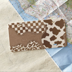 Checkered Brown Wavy Mocha Aesthetic Cow Print Cut License Plate
