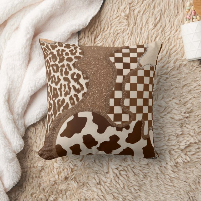 Checkered Brown Wavy Mocha Aesthetic Cow Print Cut Throw Pillow (Blanket)