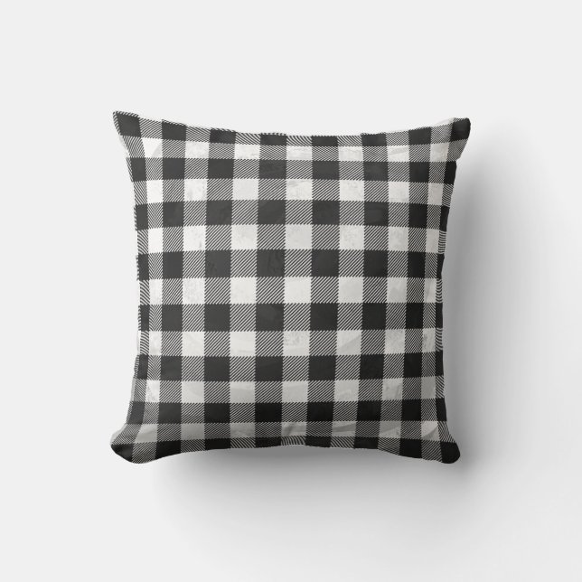 Checkered Buffalo Plaid Black And White Throw Pillow (Front)