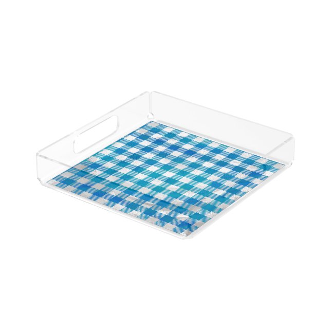 Checkered Buffalo Plaid Blue and White Acrylic Tray (Angled)