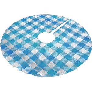 Checkered Buffalo Plaid Blue and White Brushed Polyester Tree Skirt