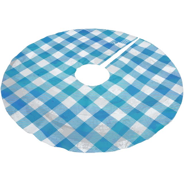 Checkered Buffalo Plaid Blue and White Brushed Polyester Tree Skirt (Angled)