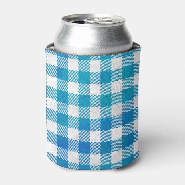 Checkered Buffalo Plaid Blue and White Can Cooler (Can Front)