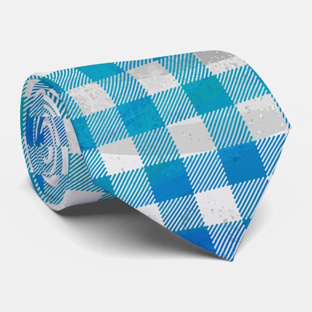 Checkered Buffalo Plaid Blue and White Neck Tie (Rolled)
