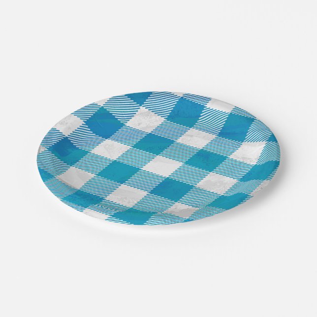 Checkered Buffalo Plaid Blue and White Paper Plates (Angled)