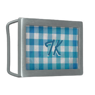 Checkered Buffalo Plaid Blue and White Rectangular Belt Buckle