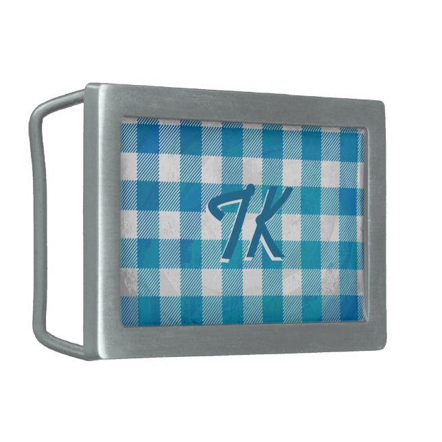 Checkered Buffalo Plaid Blue and White Rectangular Belt Buckle (Front Left)