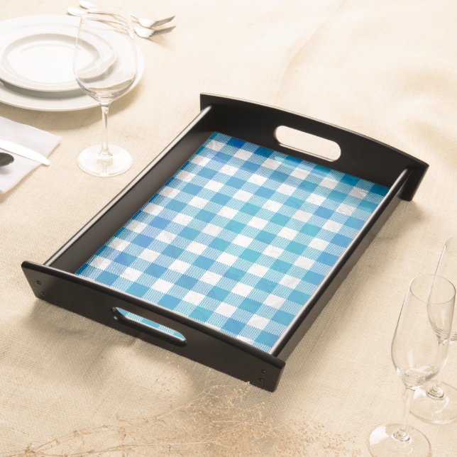 Checkered Buffalo Plaid Blue and White Serving Tray (Front)