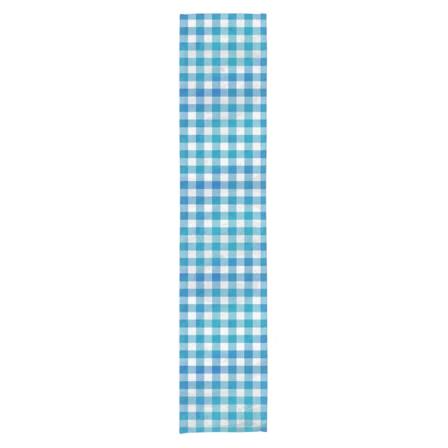 Checkered Buffalo Plaid Blue and White Short Table Runner (Front)