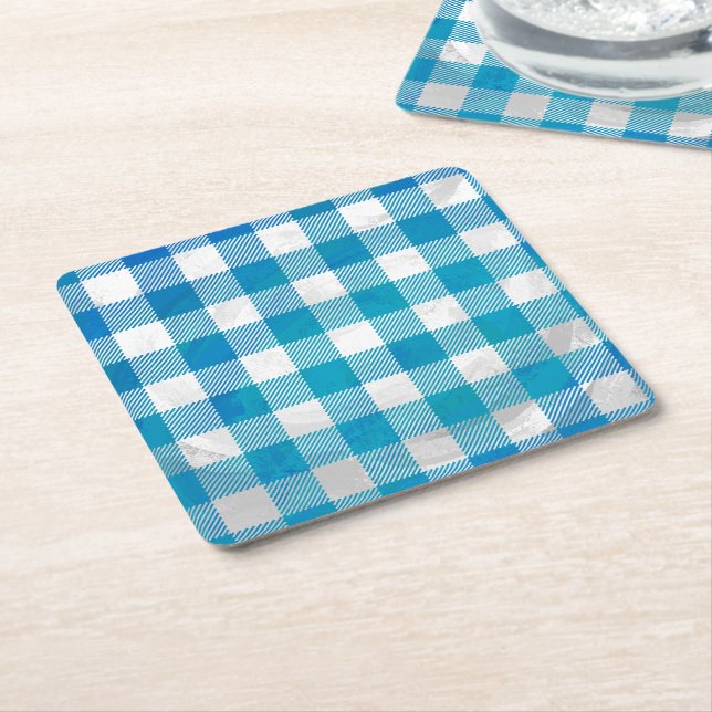 Checkered Buffalo Plaid Blue and White Square Paper Coaster (Angled)