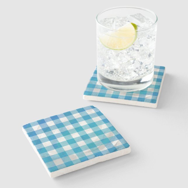 Checkered Buffalo Plaid Blue and White Stone Coaster (Side)