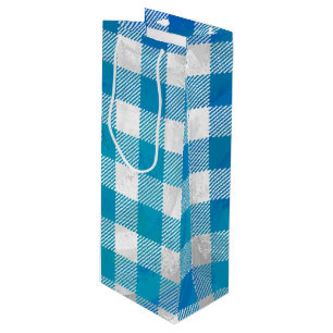 Checkered Buffalo Plaid Blue and White Wine Gift Bag