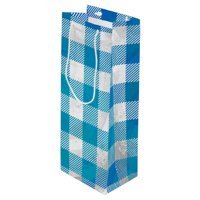 Checkered Buffalo Plaid Blue and White Wine Gift Bag (Front Angled)