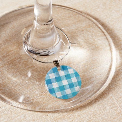Checkered Buffalo Plaid Blue and White Wine Glass Charm