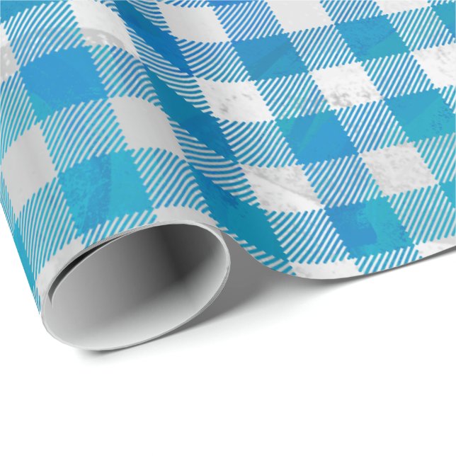 Checkered Buffalo Plaid Blue and White Wrapping Paper (Roll Corner)