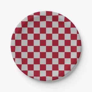 Checkered Burgundy and Silver Paper Plates