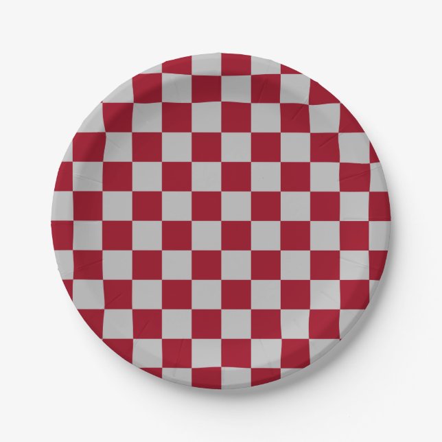 Checkered Burgundy and Silver Paper Plates (Front)
