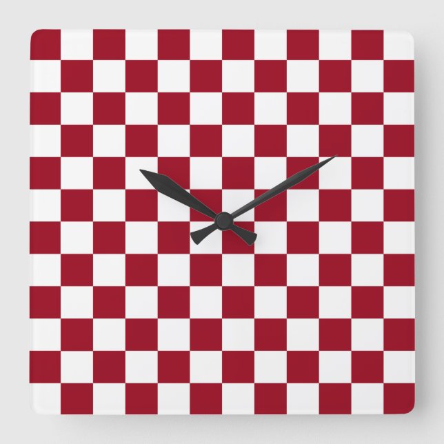 Checkered Burgundy and White Square Wall Clock (Front)