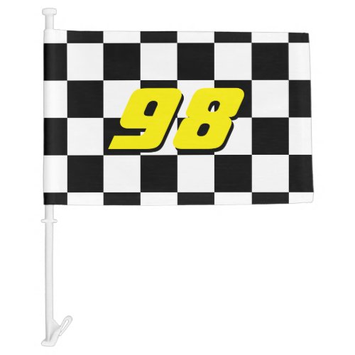 Checkered car window flag with auto racing number