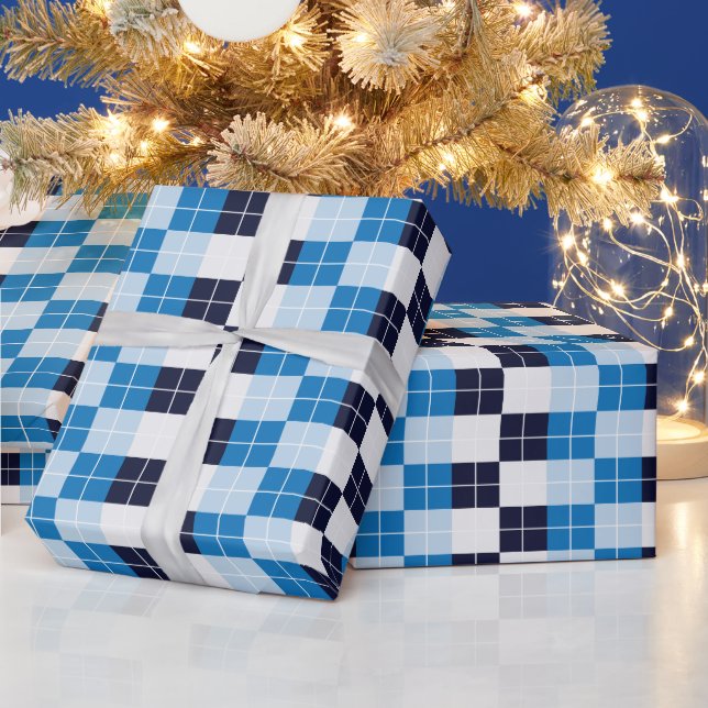 Checkered Checkerboard Blue Navy Blue Wrapping Paper (Holidays)