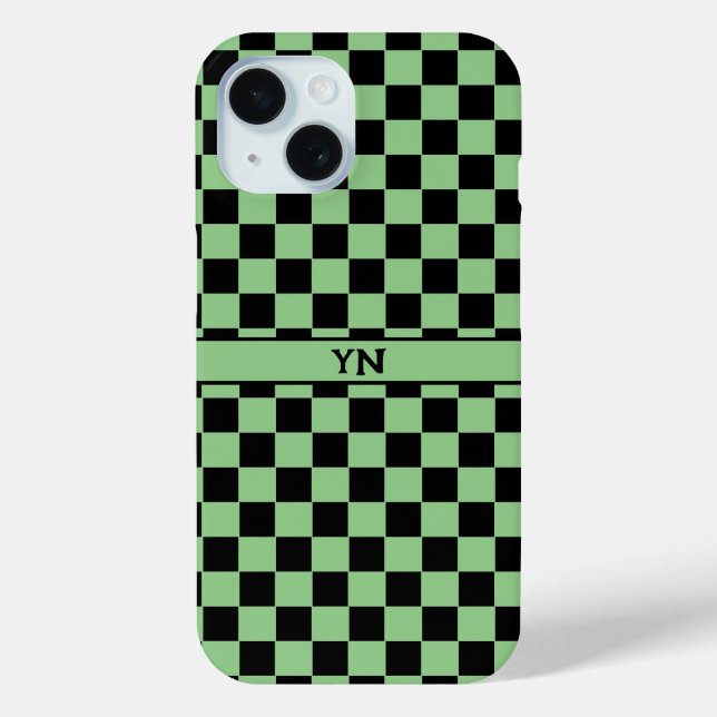 Checkered (chequered) Black & Green Initials Name  Case-Mate iPhone Case (Back)