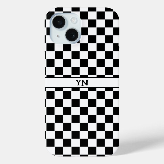 Checkered (chequered) Black & White Initials Name  Case-Mate iPhone Case (Back)