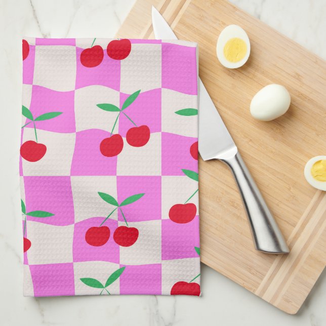 Checkered Cherries on Pink Checkerboards  Pattern  Kitchen Towel (Quarter Fold)