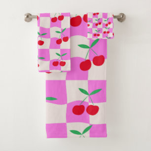 Checkered Cherries on Pink Warped Checkerboards  Bath Towel Set
