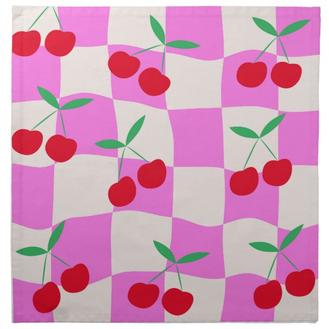 Checkered Cherries on Pink Warped Checkerboards  Cloth Napkin (Front)